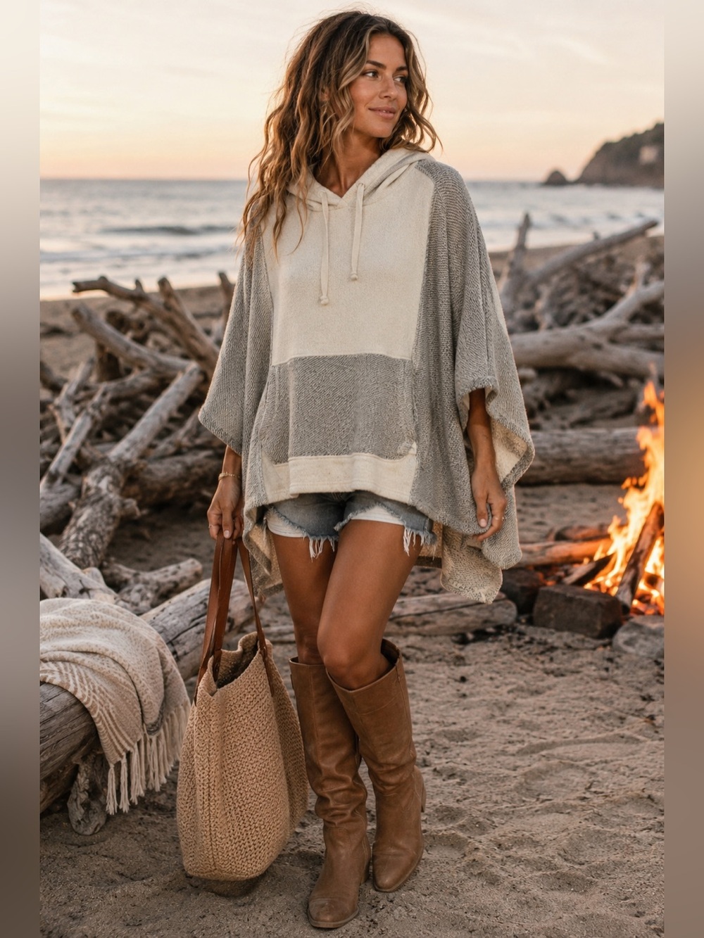 Roxy Summer Surf Oversized Poncho Hoodie Cream Gray M/L Women’s Beach Cover Up Z